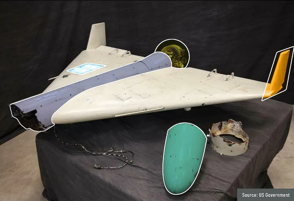 Shahed-131 recovered by the US military, with labelled components