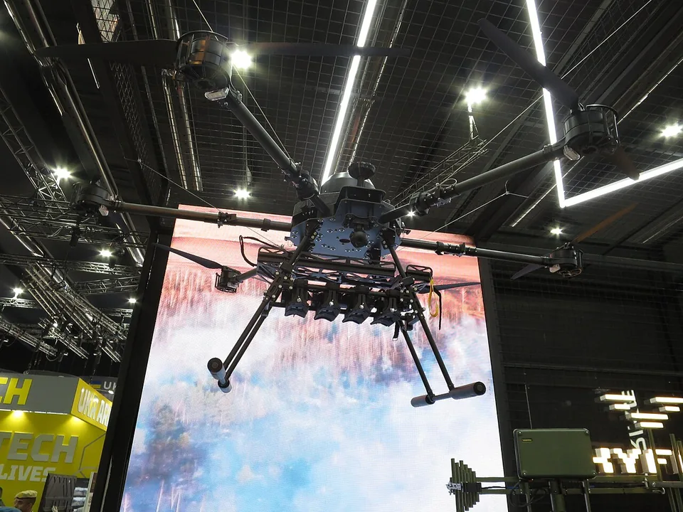 SkyFall Vampire heavy hexacopter drone on display at IDEX 2025
